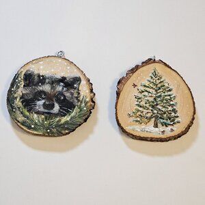 Handmade Round Wood Ornaments Lot of 2 Christmas Winter Hanging Loop Unique Art
